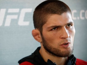 Khabib Nurmagomedov speaks with the media during a news conference for UFC 209 on March 2, 2017