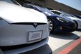 Tesla Model S cars sit on front of a Tesla showroom on August 2, 2017 in Corte Madera, California.