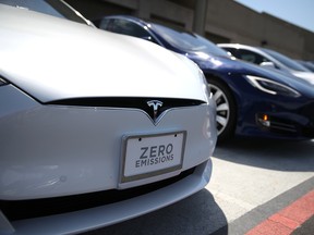 Tesla Model S cars sit on front of a Tesla showroom on August 2, 2017 in Corte Madera, California.