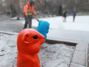 Snow settles on the colourful art installation gophers in Olympic Plaza as winter returned to the Calgary on Tuesday, December 19, 2017. Gavin Young/Postmedia