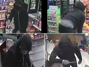 These surveillance camera images, released by Calgary police, show a suspect wanted in connection with four convenience store robberies in which the clerks were assaulted.