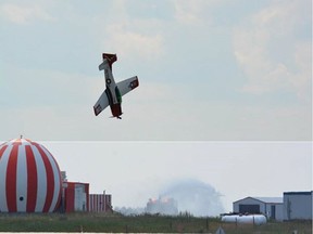 Bruce Evans' T-28B was nearly vertical when it slammed into the ground during a demonstration at the 2016 Cold Lake Air Show, a report from the Transportation Safety Board that included this composite photo states.