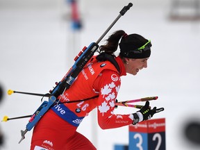 Canada's Rosanna Crawford competes during the women's 12,5 kilometer mass start competition at the Biathlon World Cup on January 14, 2018 in Ruhpolding, southern Germany.  / AFP PHOTO / CHRISTOF STACHECHRISTOF STACHE/AFP/Getty Images