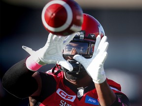 Calgary Stampeders' DaVaris Daniels in warm up before facing the Montreal Alouettes in CFL football in Calgary, Alta., on Saturday, October 15, 2016. AL CHAREST/POSTMEDIA