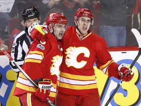 Flames' Mark Giordano  celebrates his goal against the Los Angeles Kings with Mikael Backlund on March 19, 2017.