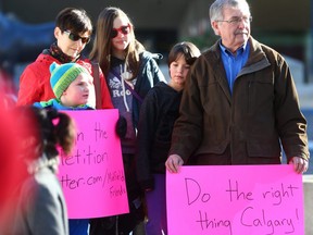 Protesters gather for a small rally in support of the Midfield Mobile Home Park residents at City Hall in Calgary on Sunday January 21, 2018.  Gavin Young/Postmedia