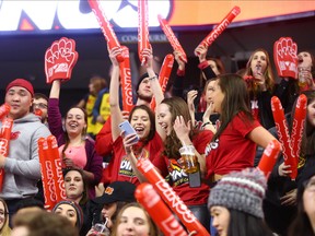 University of Calgary Dinos fans celebrate a team goal against the Mount Royal Cougars during the Crowchild Classic at the Scotiabank Saddledome in Calgary, Thursday January 25, 2018.