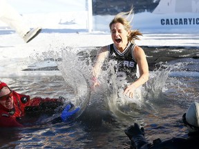 The 9th Annual Old Guys in Action Calgary Ice Breaker Polar Dip where 99 particants took part in this years event at the Elbow Valley Resident's Club raising money for the SA Foundation fighting human trafficking on Monday January 1, 2018. Darren Makowichuk/Postmedia