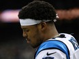 Cam Newton of the Carolina Panthers reacts during the second half of the NFC Wild Card playoff game against the New Orleans Saints at the Mercedes-Benz Superdome on Jan. 7, 2018