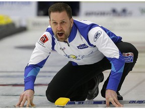 Skip Brad Gushue delivers his last rock to make a raise takeout and defeat Team Kim from South Korea by a score of 9-4 at the 2018 Pinty's Grand Slam of Curling, Meridian Canadian Open in Camrose on Jan. 16, 2018.