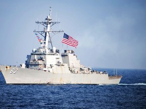 In this March 22, 2017, photo provided by U.S. Navy, U.S. Navy destroyer USS Stethem transits waters east of the Korean Peninsula during a photo exercise including the U.S. Navy and South Korean Navy during the Operation Foal Eagle. THE CANADIAN PRESS/ AP-Mass Communication Specialist 3rd Class Kurtis A. Hatcher/U.S. Navy via AP)