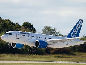 The Bombardier C Series aircraft flight test vehicle one (FTV1) during its maiden flight at the Montreal-Mirabel International Airport in Mirabel, 50 kilometres north of Montreal on Monday, Sept. 16, 2013. (Dario Ayala/THE GAZETTE)