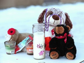 A small collection of items are shown at the scene in northwest Calgary on Tuesday, January 2, 2018 a short distance from where a newborn baby girl was found deceased on Christmas Eve
. A vigil is to be held on Wednesday night for the baby and police continue to search for the mother and any witnesses. Jim Wells/Postmedia