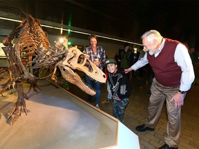 Wayne Haglund, Professor Emeritus and the driving force behind Cretaceous Lands exhibit shares a laugh with a young visitor at the opening at Mount Royal University in Calgary on Thursday, January 11, 2018. Three fossils awere unveiled at the university's East gate. Cretaceous Lands is the only display of its kind in the city, with life-sized fossil casts of two dinosaurs and a marsupial that  roamed what is now western North America 65 million years ago. It follows the popular Cretaceous Seas display at Mount Royal completed in 2015.  Jim Wells/Postmedia