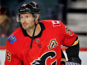Calgary Flames Troy Brouwer during the pre-game skate before facing the Edmonton Oilers in NHL pre-season hockey at the Scotiabank Saddledome in Calgary on Monday, September 18, 2017. Al Charest/Postmedia