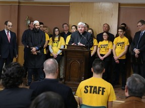 Archbishop of Toronto Cardinal Thomas Collins speaks at a news conference about a letter sent by religious leaders to Prime Minister Justin Trudeau calling for an end to rights-based jobs program funding on Jan. 25, 2018 in Toronto, Ont.