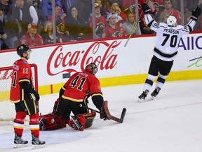 Los Angeles Kings Tanner Pearson celebrates scoring in overtime to defeat the Calgary Flames 2-1 during NHL action in Calgary on Wednesday January 24, 2018.  Gavin Young/Postmedia