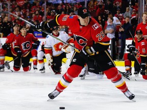 Calgary Flames defenceman Michael Stone had the hardest shot during the annual Calgary Flames Superskills event at Scotiabank Saddledome with a shot of 105.1 mph in Calgary on Sunday, January 7, 2018.