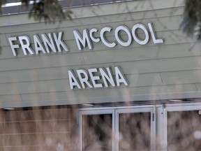 Frank McCool Arena sits vacant on Friday, Jan. 12, 2018 in Calgary, Alta. Although a sign on the door reads that Frank McCool Arena would be closed for renovations from spring 2016 to spring 2017, a notice on the City of Calgary's website states the arena will remain closed until the fall of 2018 as a result of unexpected delays in construction. Local minor hockey teams miss the ice, and the Esso Minor Hockey Week tournament runs from January 12-20.  Britton Ledingham/Postmedia Network