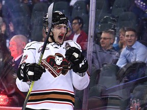 Hitmen star Mark Kastelic celebrates his goal Wednesday night at the Saddledome.