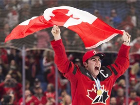 Canada forward Dillon Dubé (9) reacts after winning the gold medal against Sweden in gold medal final IIHF World Junior Championships hockey action in Buffalo, N.Y., on Friday, January 5, 2018.