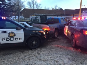 Calgary police stopped this truck after a chase in the northwest on Saturday, Jan. 6.