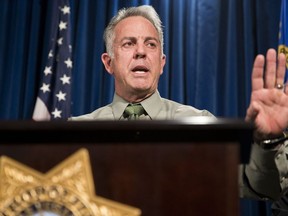 In this Oct. 9, 2017 file photo, Clark County Sheriff Joe Lombardo discusses the Route 91 Harvest festival mass shooting at the Las Vegas Metropolitan Police Department headquarters in Las Vegas. A lawyer for Las Vegas police told a judge on Jan. 16 that charges could be filed in connection with the deadliest mass shooting in modern U.S. history, even though the gunman is dead.