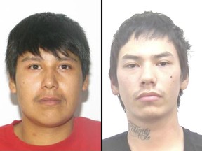 Calgary police are looking for Christian Whitebear (left) and Matthew Crane-Watchmaker as they investigate the suspicious death of a man whose body was found in a parking lot at the Westbrook Mall.