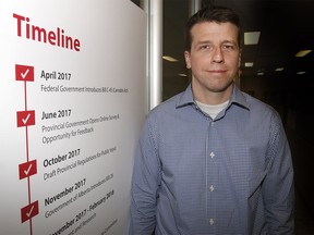 Matt Zabloski, project lead for the City of Calgaryís cannabis legalization project poses for a photo at his downtown Calgary office. Zabloski spoke about the surge of interest in marijuana retail stores prior to legalization coming into effect in July 2018. Thursday, January 4, 2018. Dean Pilling/Postmedia