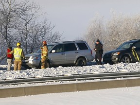 Calgary police and fire were busy with a multi vehicle collision on Deerfoot Trail south of Memorial drive with no serious injuries on Monday January 1, 2018. Darren Makowichuk/Postmedia