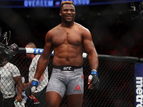 Francis Ngannou celebrates his victory over Alistair Overeem during UFC 218 at Little Ceasars Arena on Dec. 2, 2018