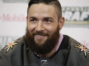 Vegas Golden Knights' Deryk Engelland poses for photographers Wednesday, June 21, 2017, in Las Vegas. Engelland was picked by the Vegas Golden Knights in the NHL expansion draft. (AP Photo/John Locher) ORG XMIT: NVJL146