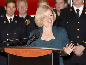 Alberta Premier Rachel Notley speaks to media at the Firefighters Training Academy in Calgary on Jan. 19, 2018, after announcing greater support for firefighters who contract reproductive cancers on the job.