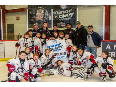 Trails West 1 Red won the Novice 1 South division of the Esso Minor Hockey Week tournament.