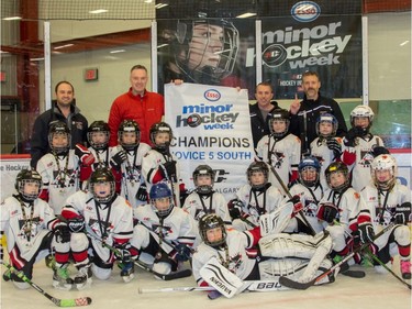 Trails West 5 Red won the Novice 5 South division of the Esso Minor Hockey Week tournament.