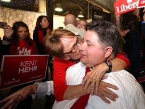 Liberal MP Kent Hehr surrounded by supporters at his election-night headquarters at the Bank and Baron Pub in Calgary on Monday October 19, 2015.