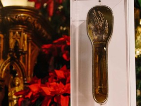 The forearm of St. Francis Xavier, patron saint of missions, has embarked on a 14-city tour of Canada. Photo courtesy of Catholic Christian Outreach. ORG XMIT: POS1801031054460123