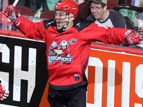 Jeff Shattler celebrates a goal as a Calgary Roughneck last season. The 33-year-old forward now plays for the NLL's Saskatchewan Rush.