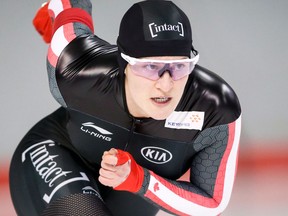 Kaylin Irvine, from Alberta, skates during the women's 1000-metre race at the Olympic Speed Skating selections trails in Calgary on Jan. 8, 2018