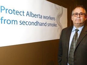 James Hart, Alberta Union of Provincial Employees was on hand as the Campaign for a Smoke-Free Alberta held a event at Hotel Arts in Calgary to mark the 10th anniversary of the workplace smoking ban and to urge the provincial government to close remaining loopholes and protect all Albertans from secondhand smoke at work on Tuesday January 2, 2018. Darren Makowichuk/Postmedia
