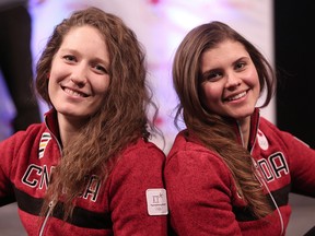 Kali Christ, left and Marsha Hudey were named to Canada's Olympic long-track speedskating team in Calgary on Jan. 10, 2018.