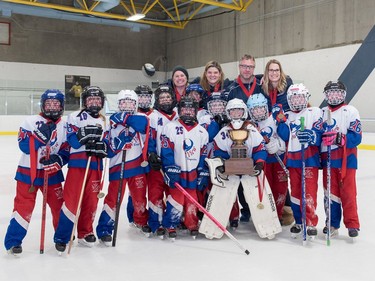 The BV Shooting Starzz win gold in the  U10-3 division of the Esso Golden Ring tournament at Village Square arena in Calgary on Sunday, Jan. 21, 2018. Photo by Kenneth Appleby