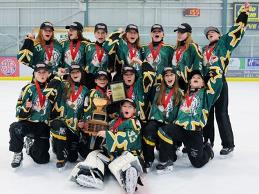The U14A Medicine Hat Tropics win gold in the Esso Golden Ring tournament at Don Hartman North East Sportsplex in Calgary on Sunday, Jan. 21, 2018. Photo by Maxwell Mawji.