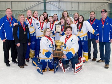 The Lethbridge Rattlers win U16B gold at the Esso Golden Ring Tournament at the Don Hartman North East Sportsplex in Calgary on Sunday, Jan. 21, 2018. Photo by Maxwell Mawji