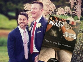Married couple Stephen Heasley and Andrew Borg appear in a wedding photo alongside a pamphlet they allege was sent to them from Vistaprint instead of their programs.