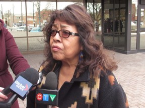 Wendy English speaks to reporters in Lethbridge, Alta. on Monday, January 8, 2018 after Austin Vielle pleaded guilty to murdering three people in 2015 including her two grandchildren.