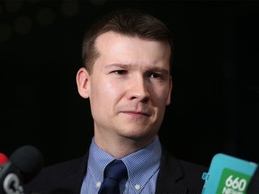 Jeromy Farkas, councillor Ward 11, speaks with media during a break in budget talks at City Hall on Thursday November 30, 2017.