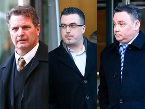Bradford McNish (L), Bryan Morton (C), and Anthony Braile (R) walk out of Calgary Courts as the corruption trial begins for three Calgary city cops on Monday Feb. 5, 2018. Darren Makowichuk/Postmedia