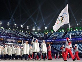 The Olympic Athletes from Russia enter the stadium during the Opening Ceremony of the PyeongChang 2018 Winter Olympic Games on Feb. 9, 2018.