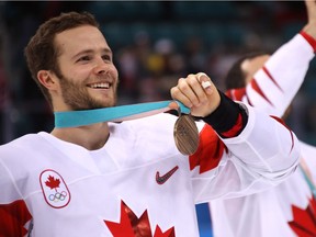 Bronze-medal winner Cody Goloubef #27 of Canada celebrates after defeating Czech Republic 6-4 during the Men's Bronze Medal Game on day fifteen of the PyeongChang 2018 Winter Olympic Games at Gangneung Hockey Centre on February 24, 2018 in Gangneung, South Korea.